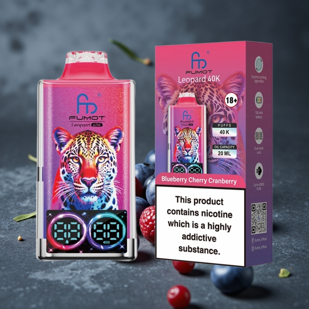 Fumot Leopard 40K Puffs Disposable Vape Mirtilo Cereja Cranberry 0%-5% Nicotine Dual Mesh 700mAh Type-C