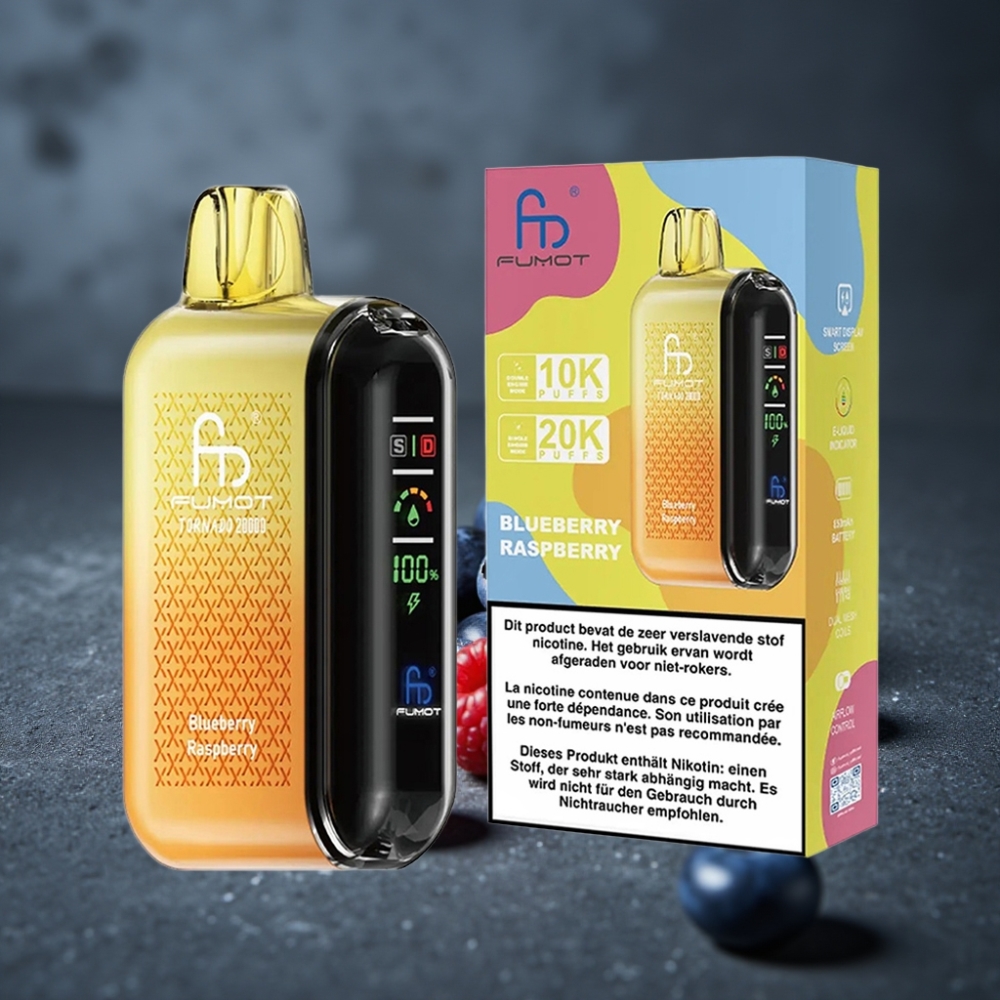 Fumot Tornado 20000 Puffs 20ml Dual Mesh Coil Bateria Recarregável Mirtilo Framboesa