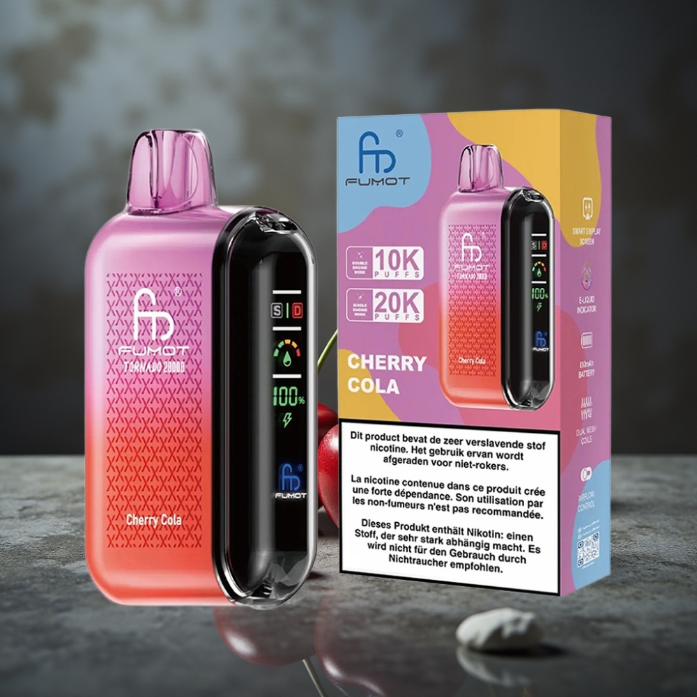 Fumot Tornado 20000 Puffs Dual Mesh Coil 20ml Bateria Recarregável Display Inteligente Cereja-Cola