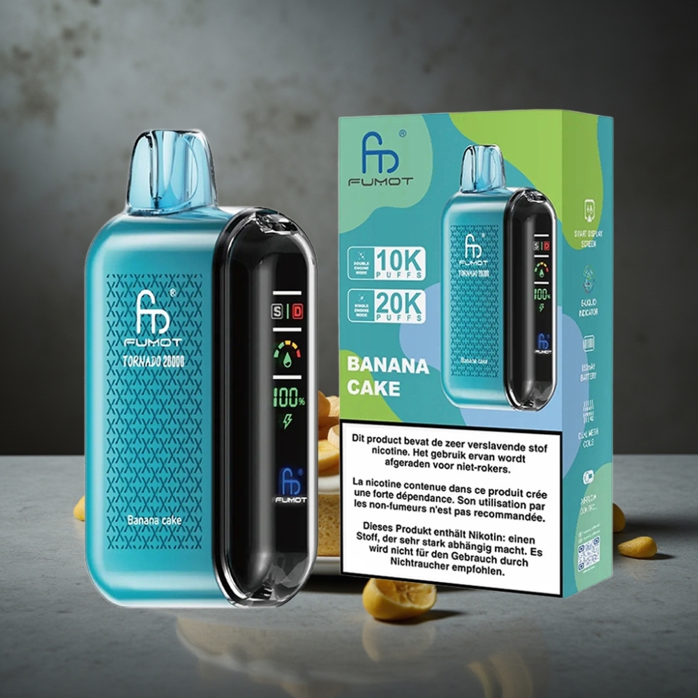 Fumot Tornado 20000 Puffs Dual Mesh Coil 20ml Bolo de Banana 850mAh Smart Display