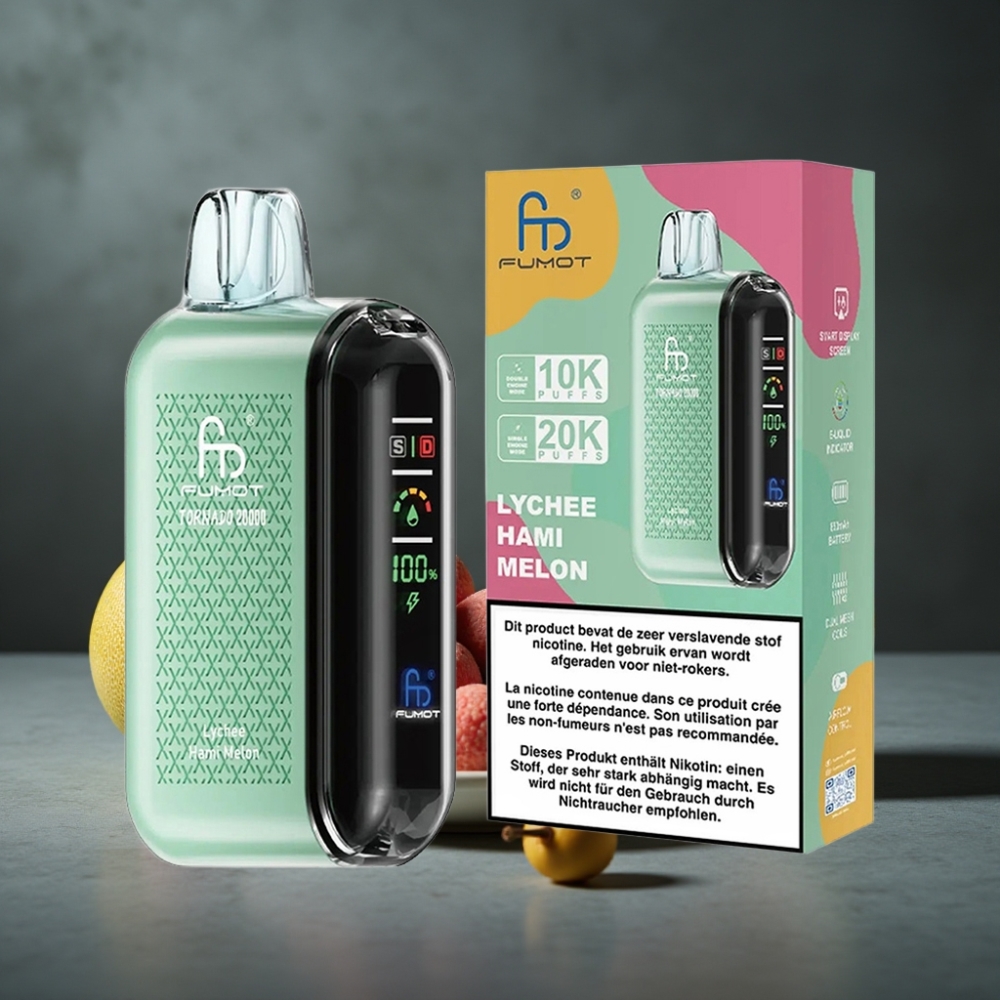 Fumot Tornado 20000 Puffs Dual Mesh Coil 20ml Lichia Melão Hami 850mAh Recarregável