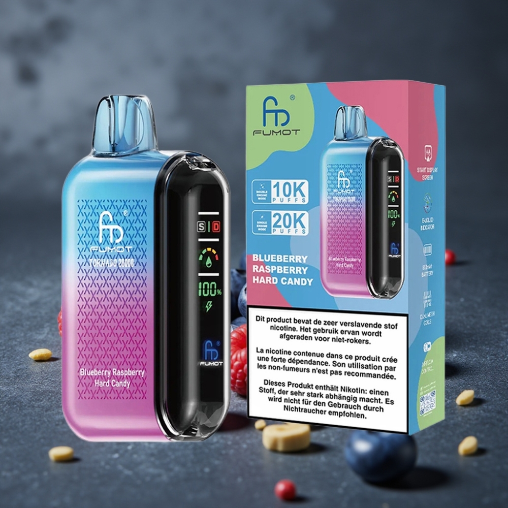 Fumot Tornado 20000 Puffs Dual Mesh Coil 20ml Sabor Mirtilo Framboesa Bala Azeda