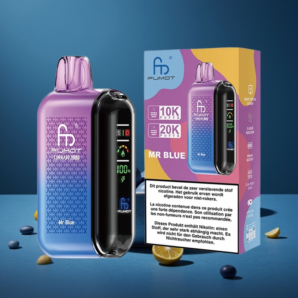 Fumot Tornado 20000 Puffs Recarregável com Bateria 850mAh e Sabor Mr Blue