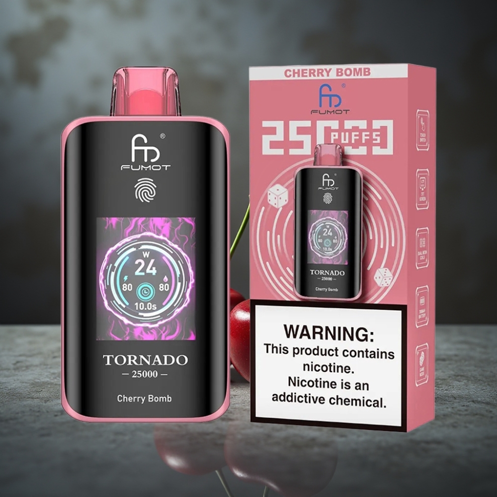 Fumot Tornado 25000 Puffs HD Screen 700mAh Bateria Recarregável 20ml Sabor Bomba de Cereja