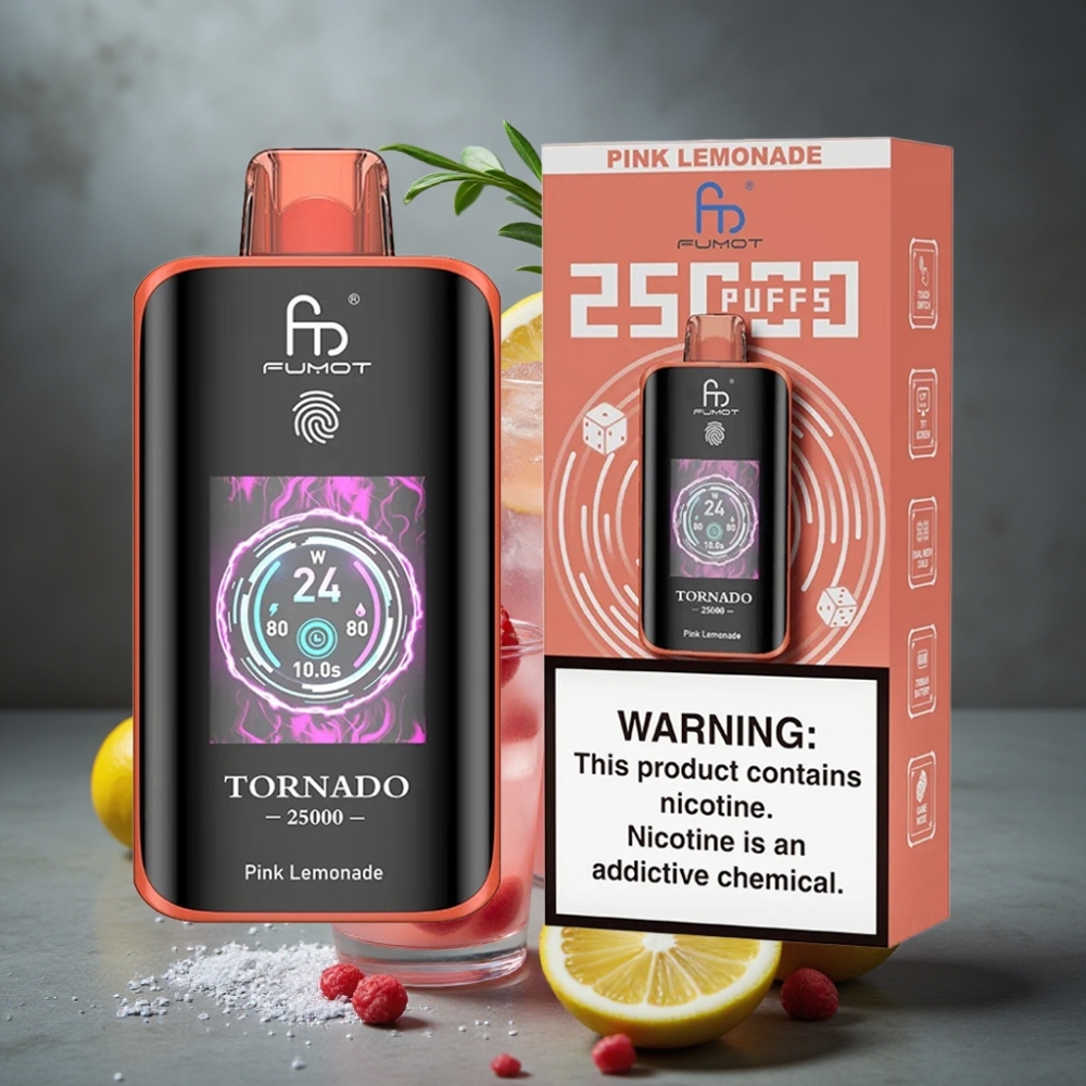 Fumot Tornado 25000 Puffs HD Screen 700mAh Recarregável 20ml Limonada Rosa