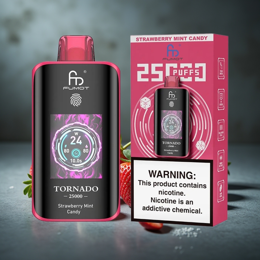 Fumot Tornado 25000 Puffs Recarregável Tela HD Sabor Morango Menta Doce