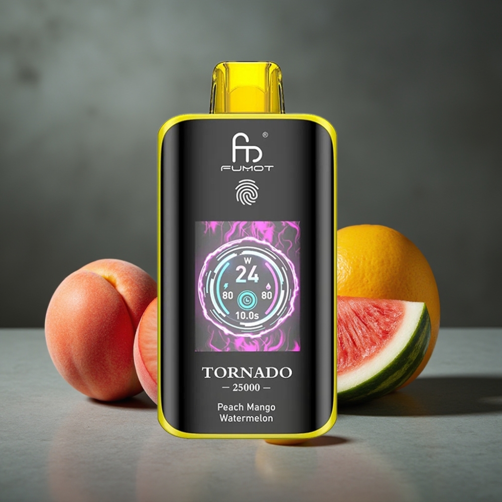 Fumot Tornado 25000 Puffs Recarregável com Tela HD e Sabor Pêssego Manga Melancia Fumot Tornado 25000 Puffs Recarregável com Tela HD e Sabor Pêssego Manga Melancia