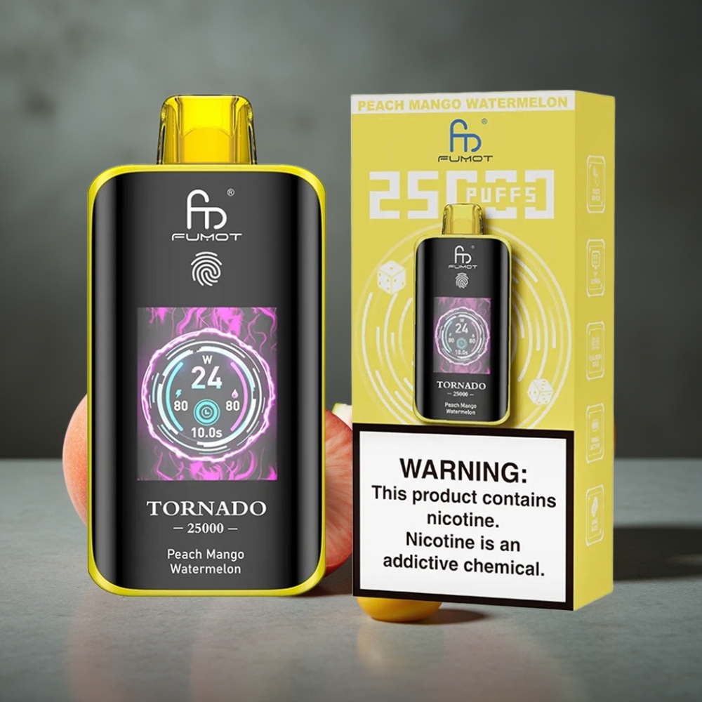 Fumot Tornado 25000 Puffs Recarregável com Tela HD e Sabor Pêssego Manga Melancia