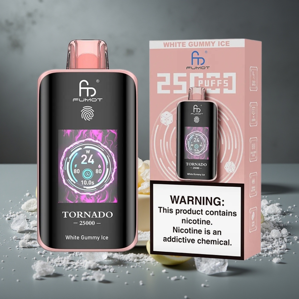 Fumot Tornado 25000 Puffs Tela HD Bateria 700mAh Recarregável Sabor White Gummy Ice