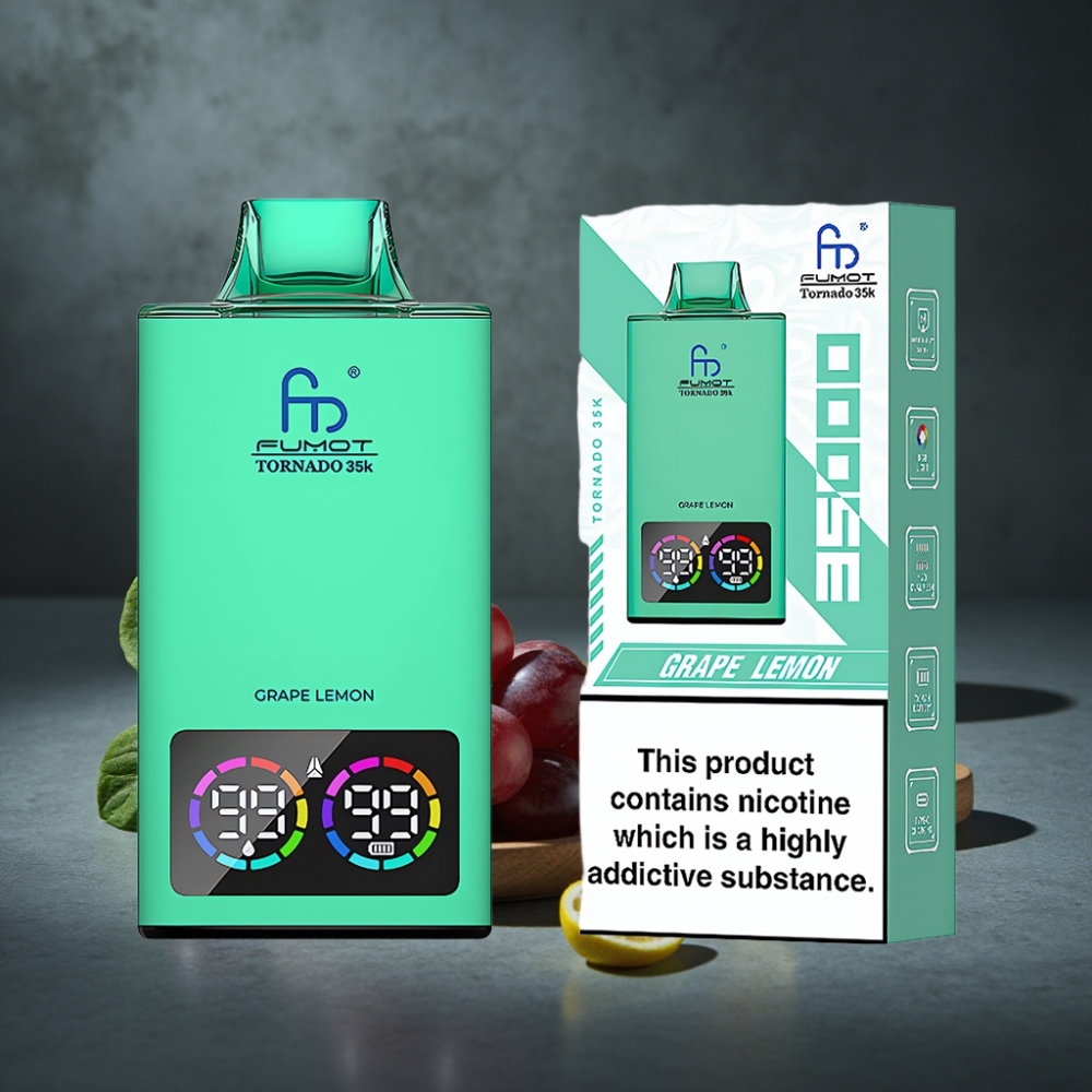 Fumot Tornado 35K Disposable Vape Uva Limão com Dual Mesh Coil, RGB e USB-C