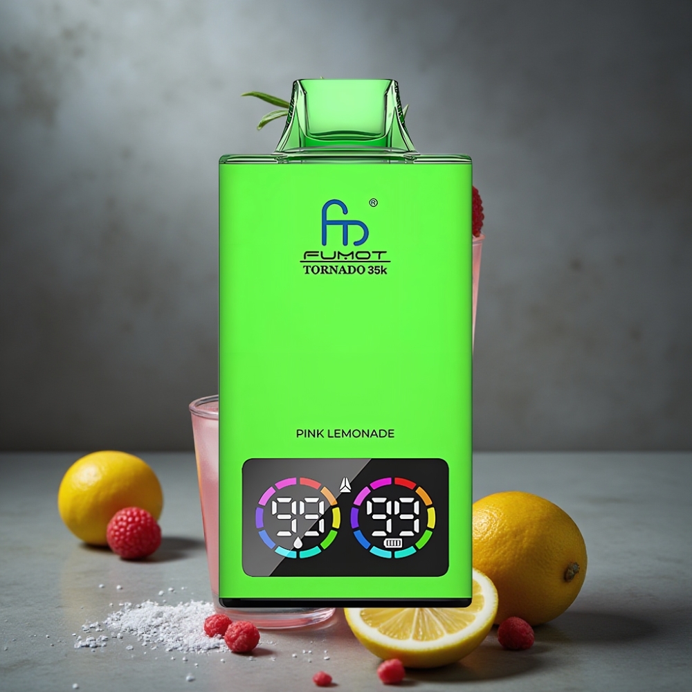 Fumot Tornado 35K com Bobina Dupla Mesh, Luzes RGB, 15ml de E-juice, Sabor Limonada Rosa Fumot Tornado 35K com Bobina Dupla Mesh, Luzes RGB, 15ml de E-juice, Sabor Limonada Rosa