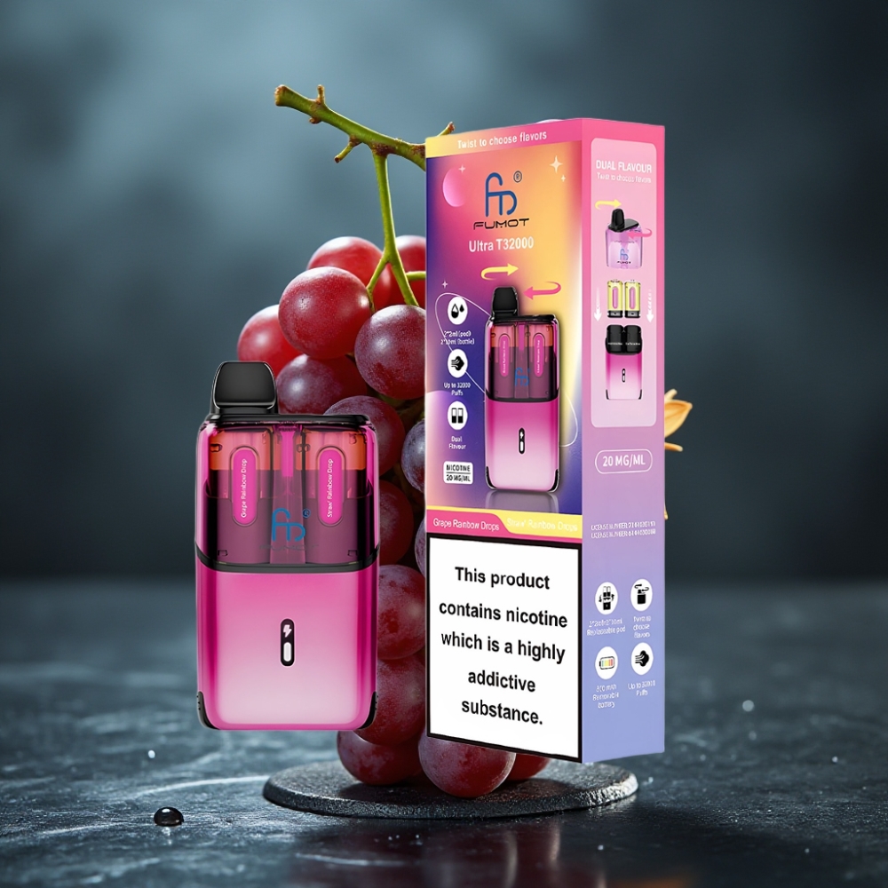 Fumot Ultra T32000 32.000 Tragos 800mAh 24ml Carga Tipo-C Gotas Arco-Íris de Uva - Morango