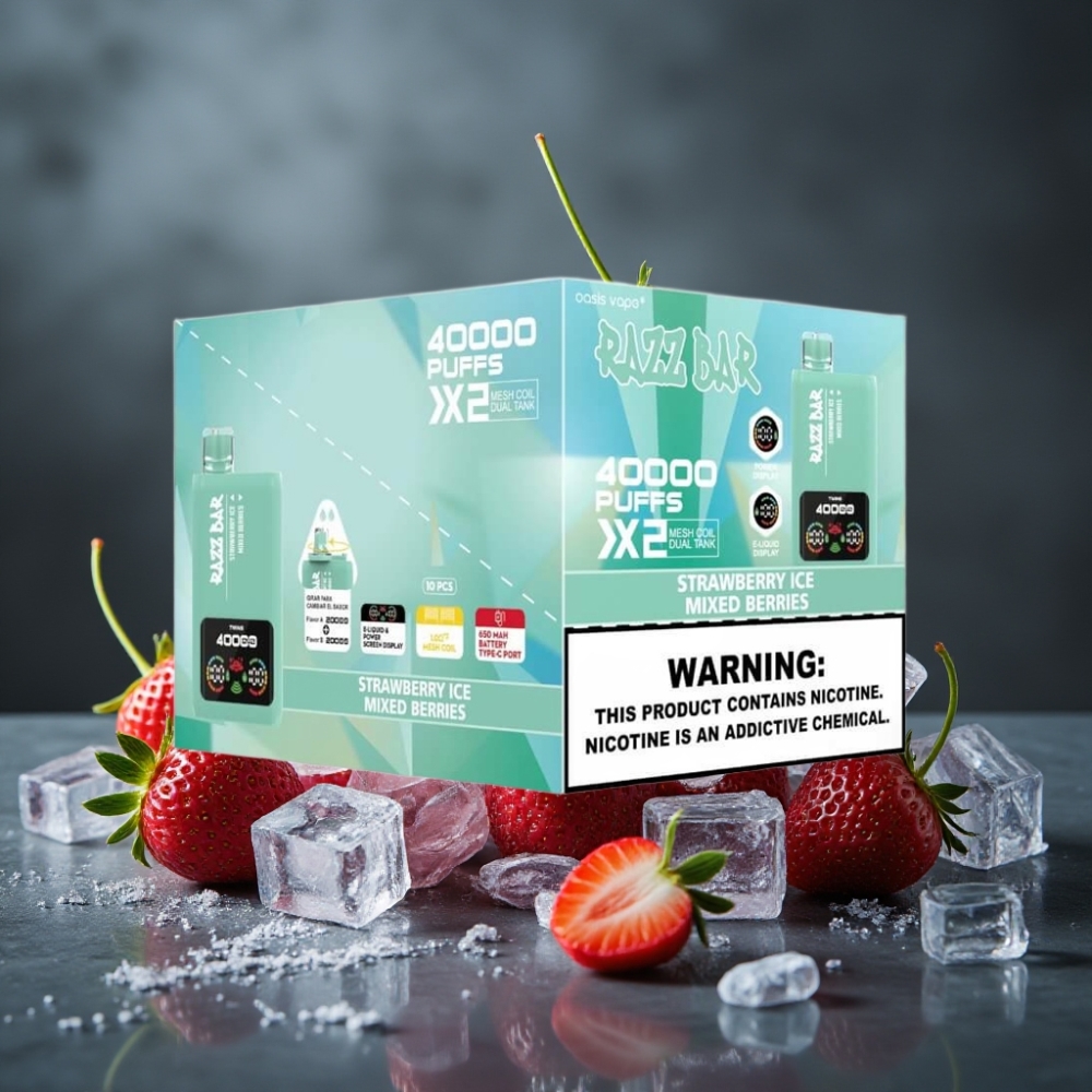Razz Bar 40000 Puffs Disposable Vape Power Screen Display 1.0Ω×2 Mesh Coil Morango Gelo & Frutas Vermelhas