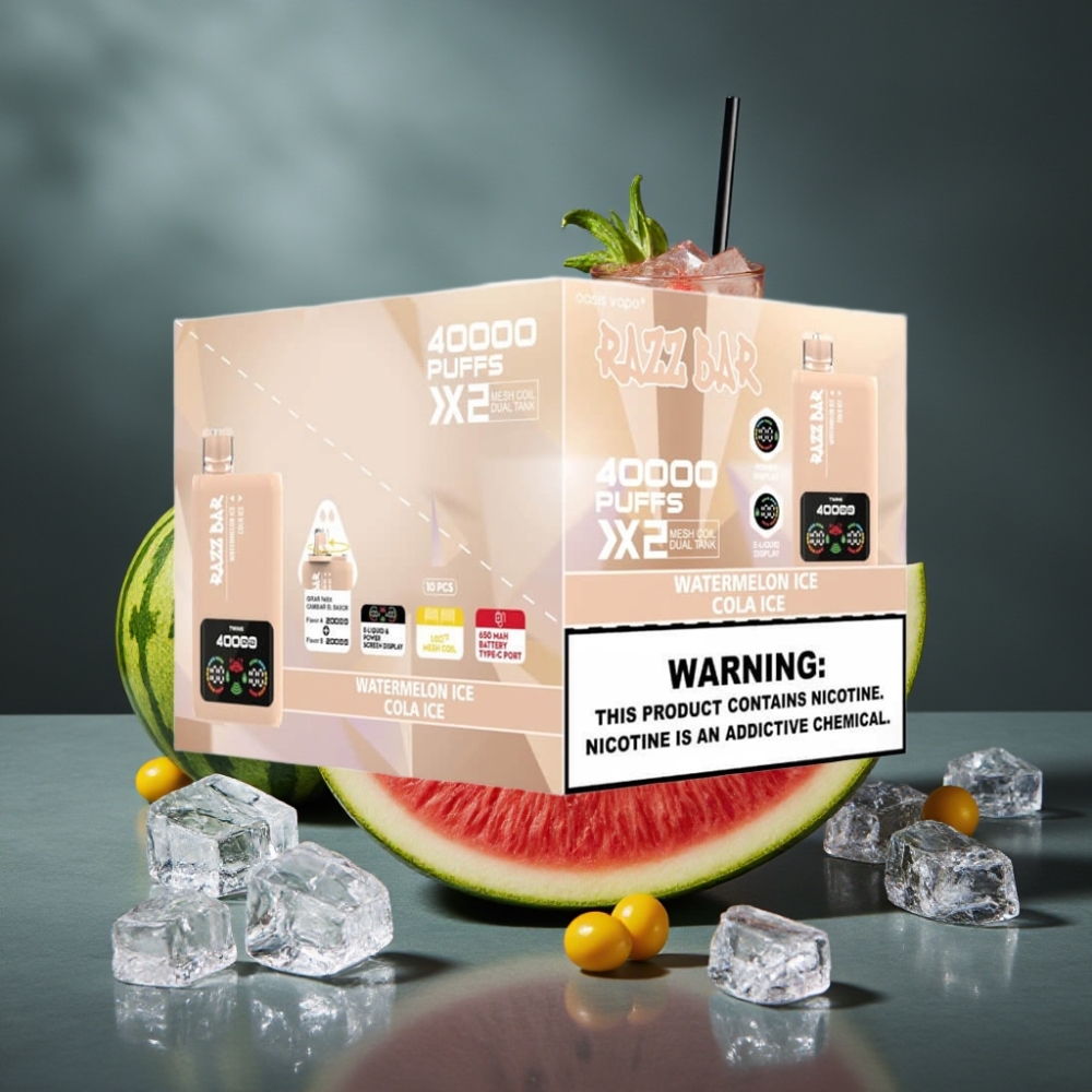 Razz Bar 40000 Puffs Disposable Vape Power Screen Display Melancia Gelo & Cola Gelo 1.0Ω×2 Mesh Coil