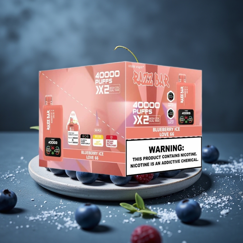 Razz Bar 40000 Puffs Disposable Vape Tela de Potência, GELO DE MIRTILO & LOVE 66, 1.0Ω×2 Mesh Coil