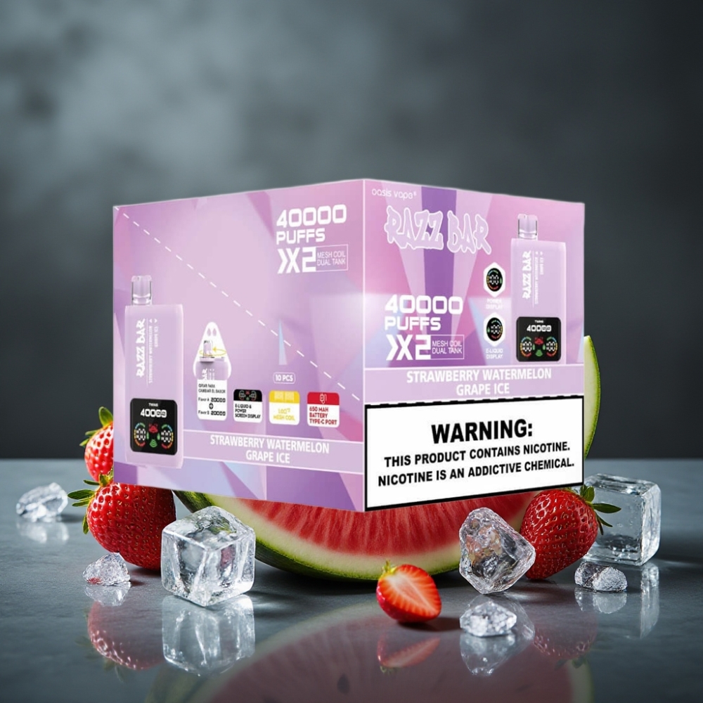 Razz Bar 40000 Puffs Power Screen Display 1.0Ω×2 Mesh Coil MORANGO MELANCIA & UVA ICE