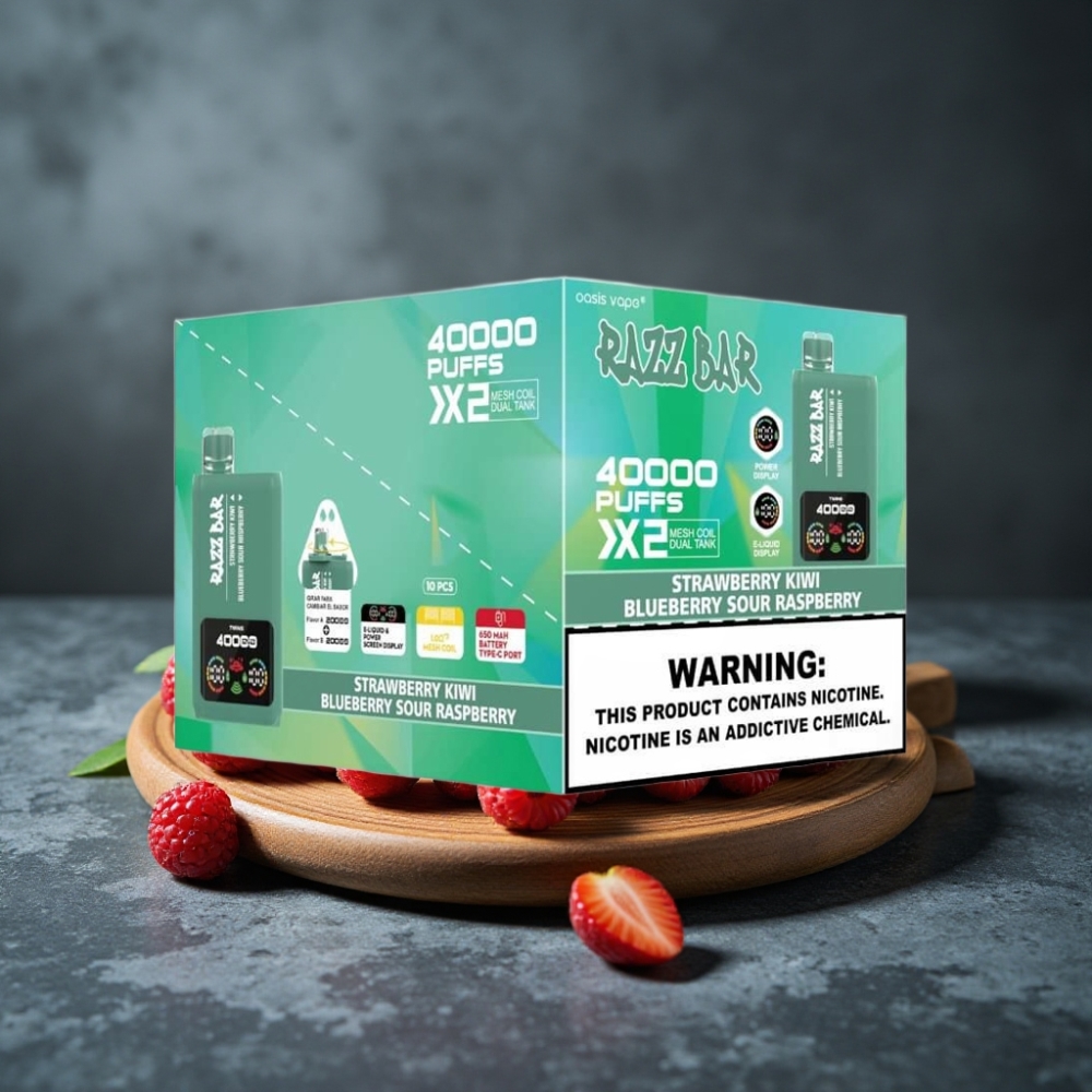 Razz Bar 40000 Puffs Power Screen Display 1.0Ω×2 Mesh Coil Sabor Morango Kiwi & Mirtilo Framboesa Azeda