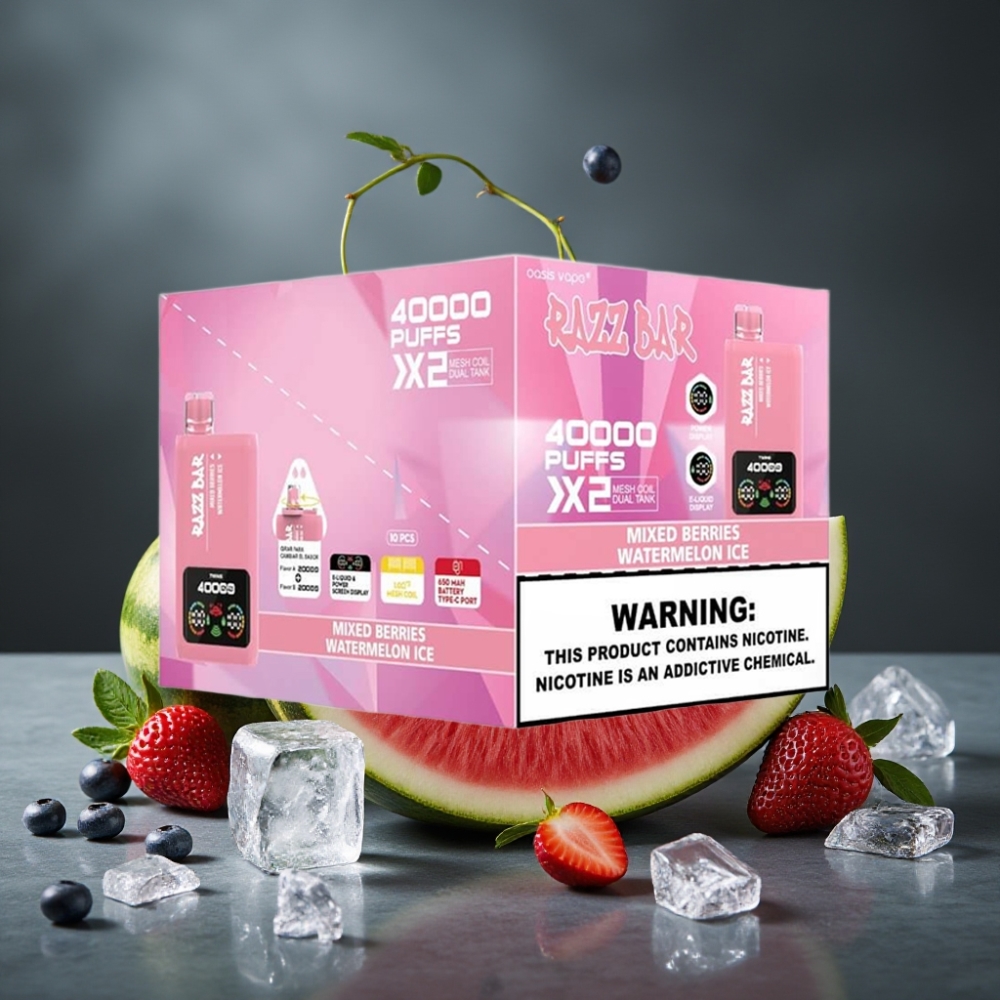 Razz Bar 40000 Puffs Power Screen Display Disposable Vape Frutas Vermelhas & Melancia Gelada