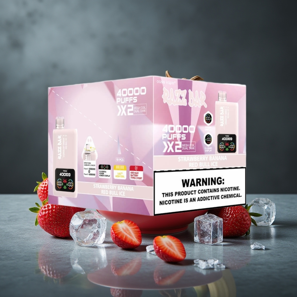 Razz Bar 40000 Puffs Power Screen Display Tipo-C Morango Banana & Red Bull Ice