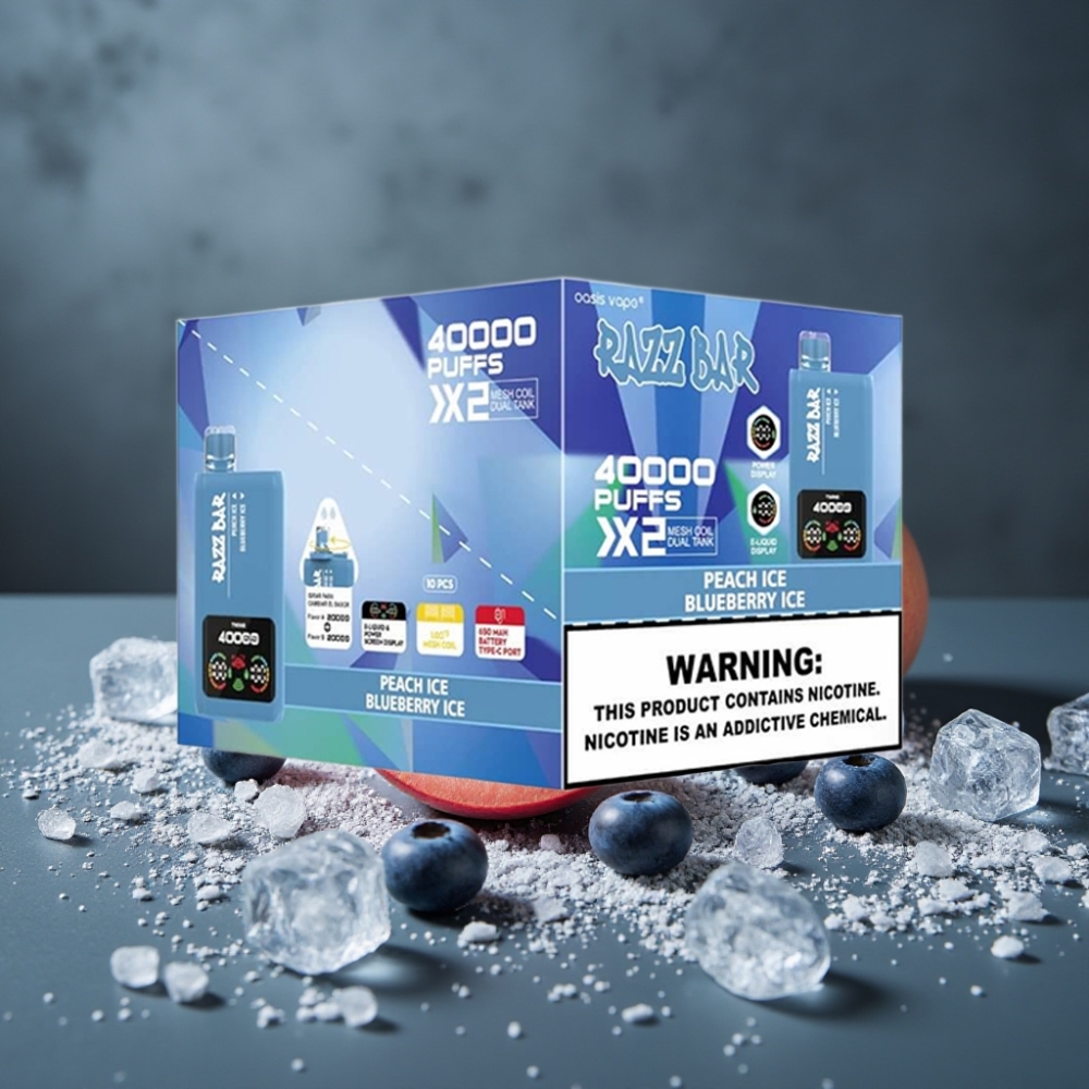 Razz Bar Disposable Vape 40000 Puffs Tela de Energia Tipo-C Sabor Pêssego Gelado & Mirtilo Gelado
