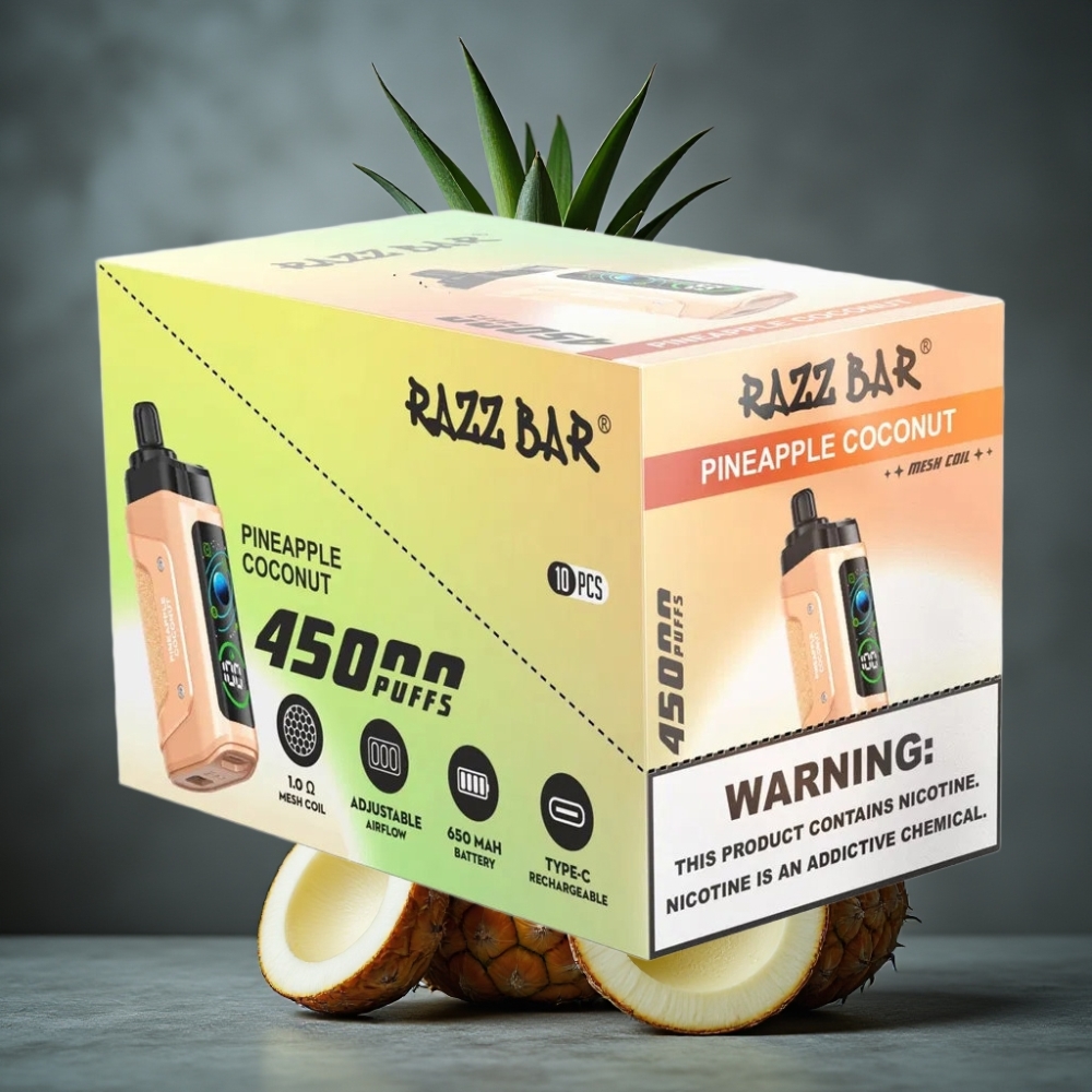 Razz Bar 45000 Puffs Disposable Vape Abacaxi Coco com Bobina Mesh 1.0 Ohm e Fluxo de Ar Ajustável