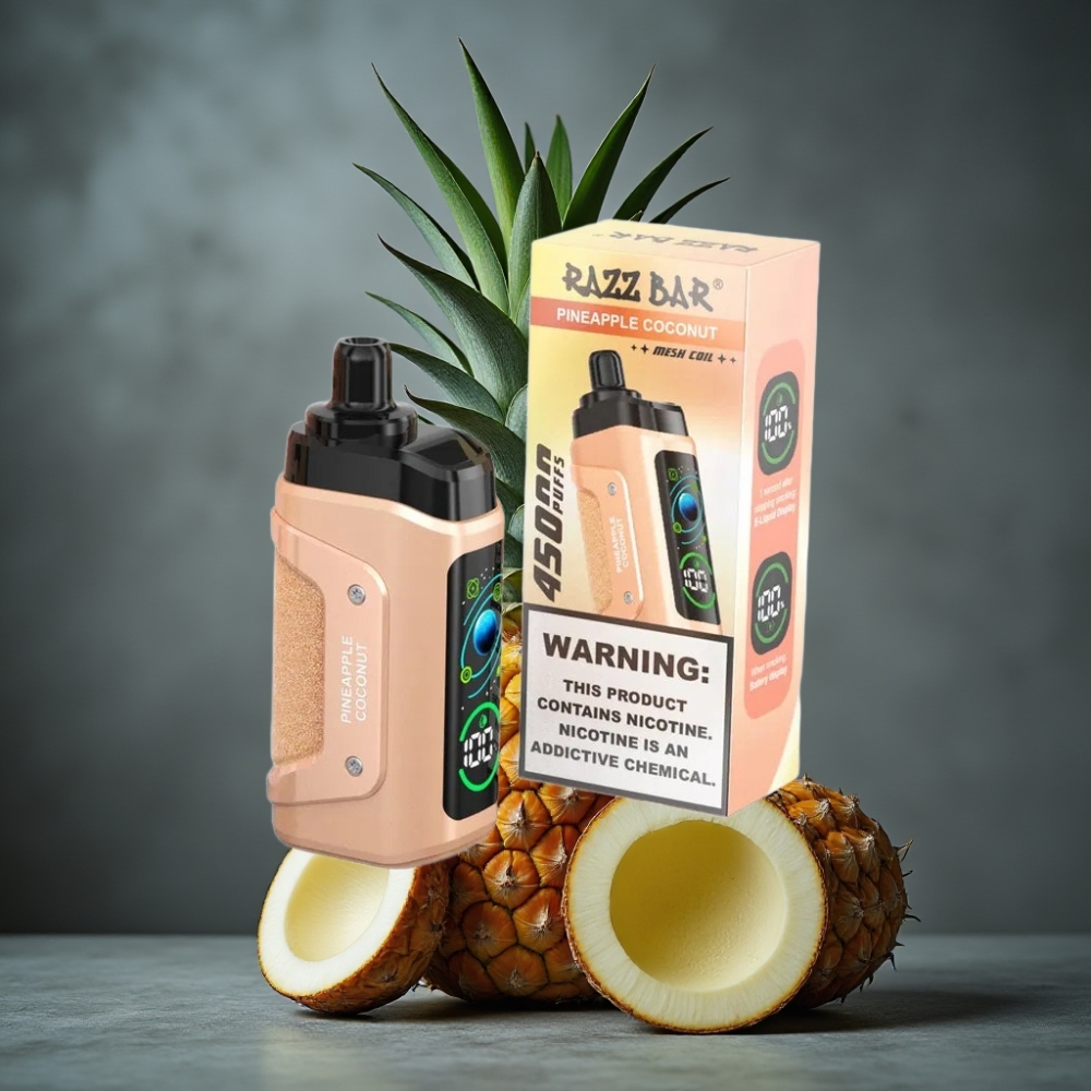 Razz Bar 45000 Puffs Disposable Vape Abacaxi Coco com Bobina Mesh 1.0 Ohm e Fluxo de Ar Ajustável