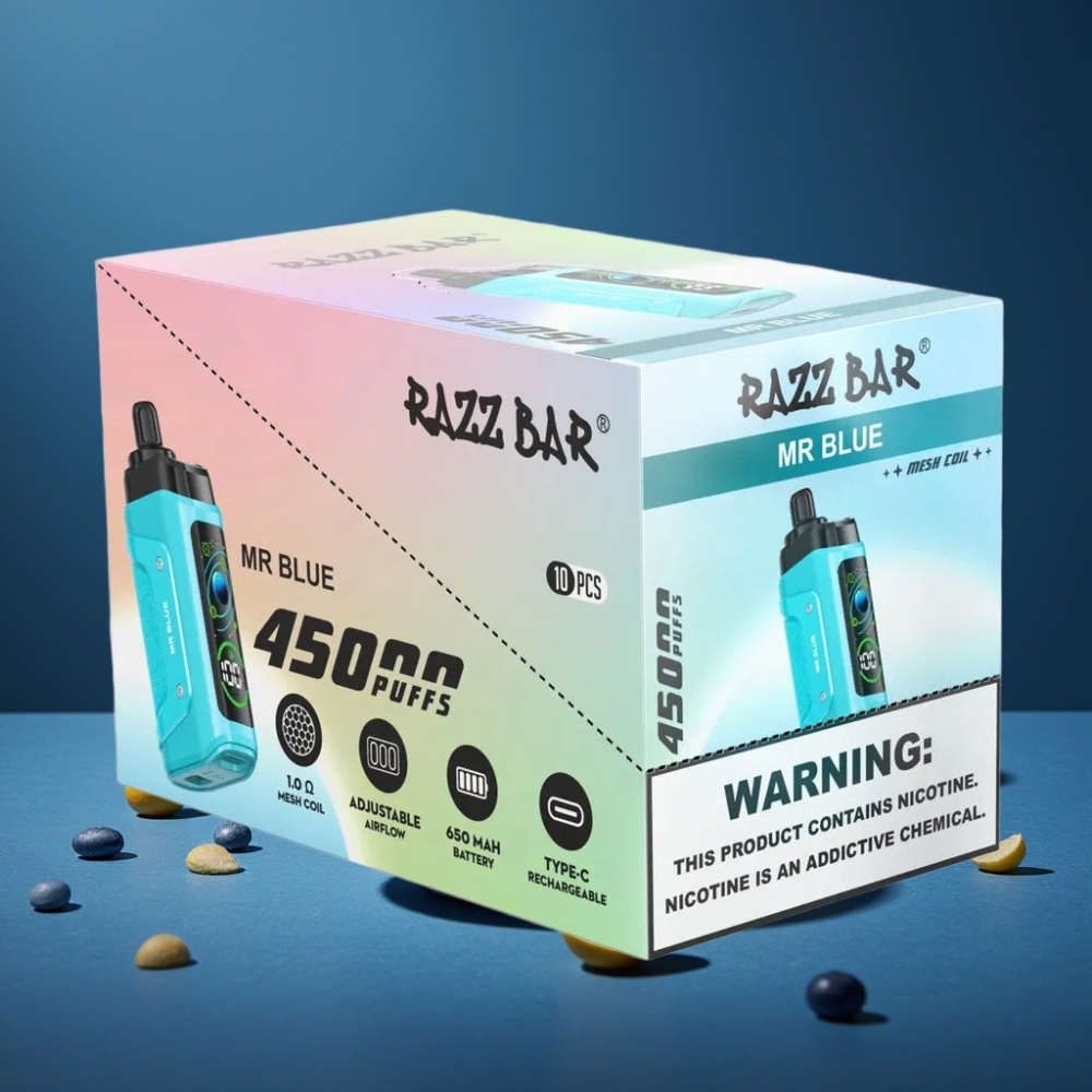 Razz Bar 45000 Puffs Disposable Vape Azul Mr Recarregável com Tipo-C e Fluxo de Ar Ajustável