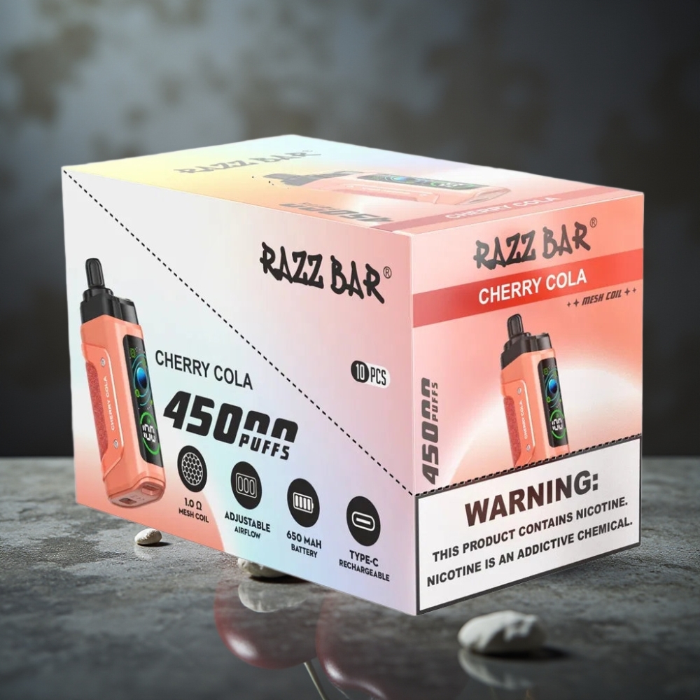Razz Bar 45000 Puffs Disposable Vape Cereja Cola com Bobina Mesh 1.0 Ohm e Fluxo de Ar Ajustável