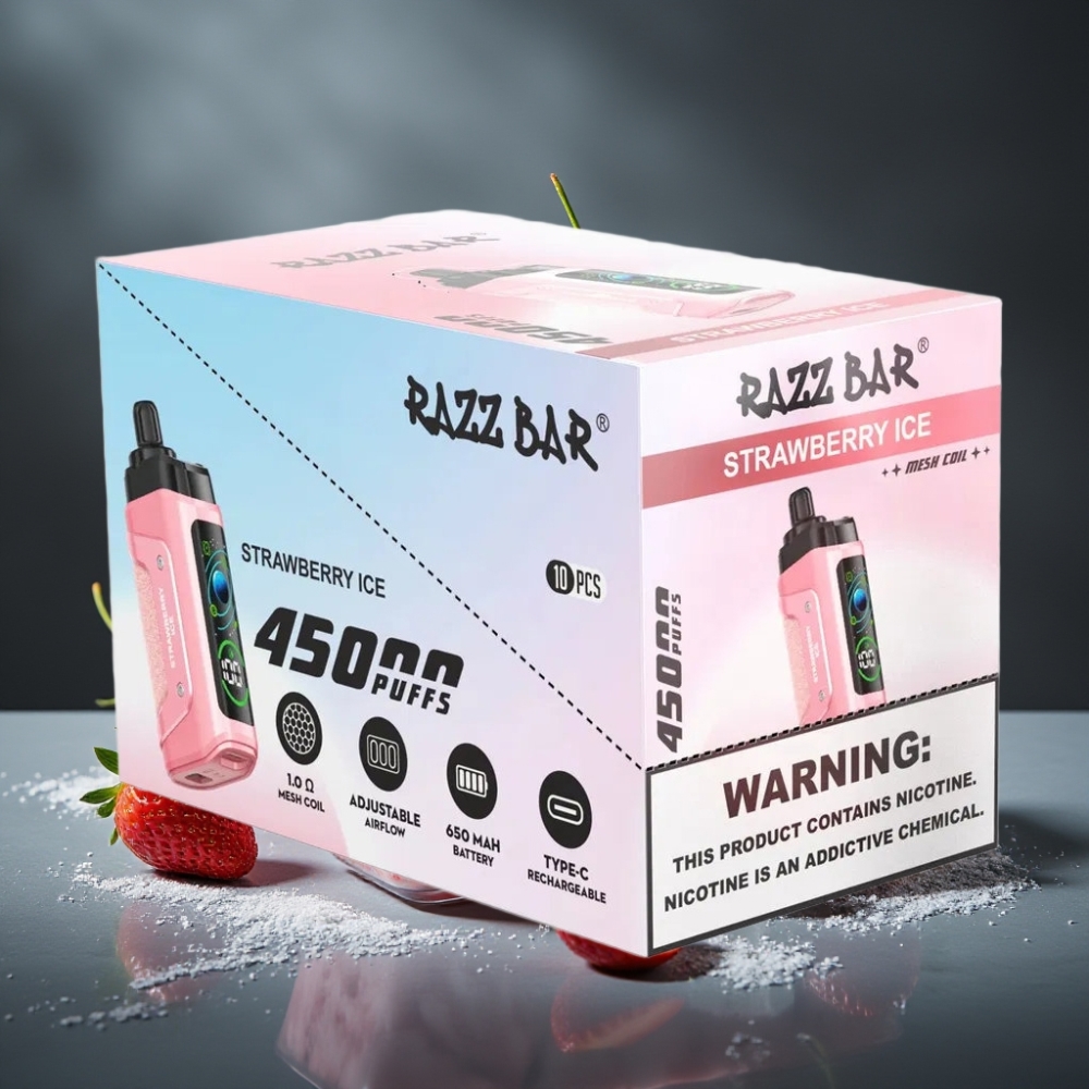 Razz Bar 45000 Puffs Disposable Vape Gelado de Morango com Bobina Mesh 1.0 Ohm e Bateria 650 mAh
