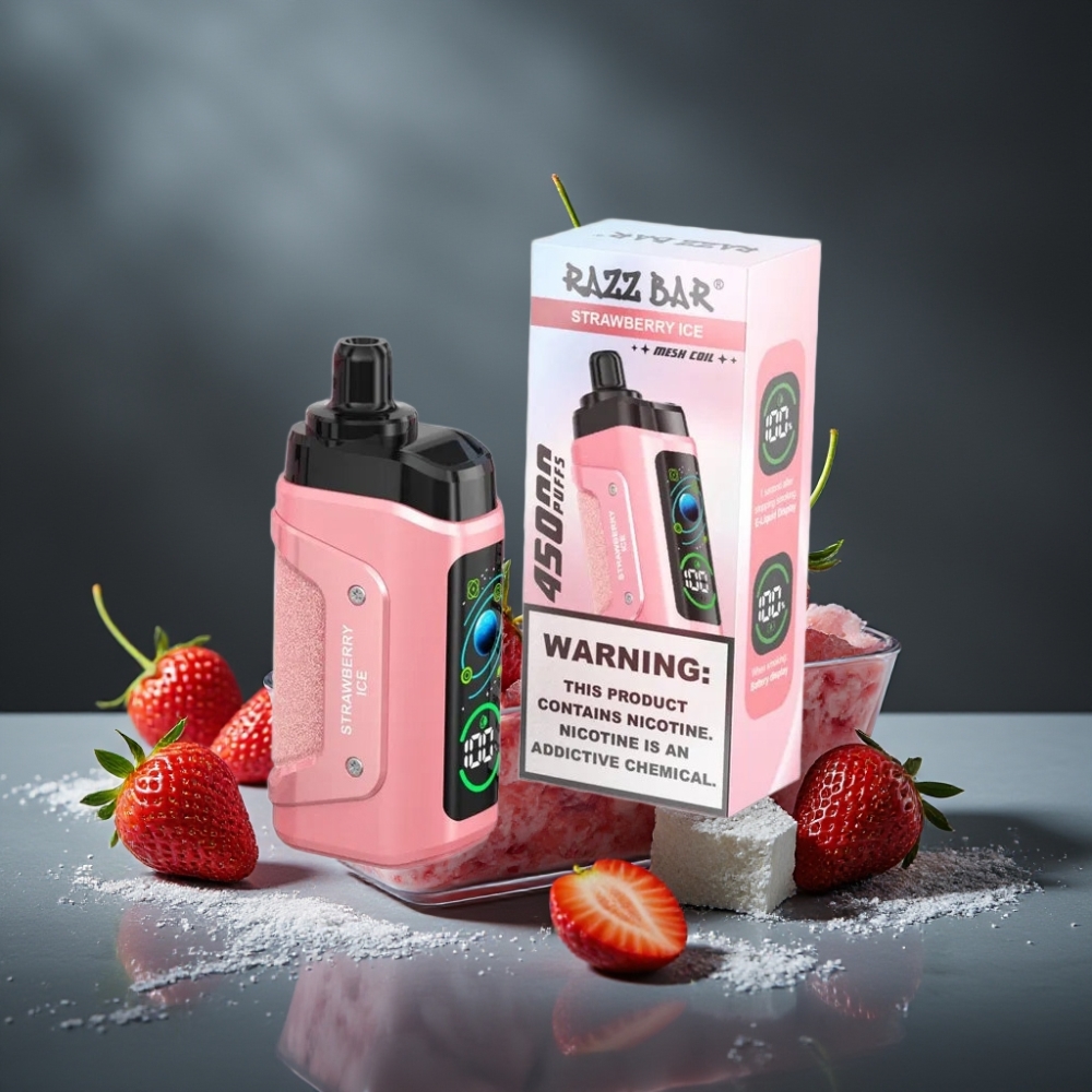 Razz Bar 45000 Puffs Disposable Vape Gelado de Morango com Bobina Mesh 1.0 Ohm e Bateria 650 mAh