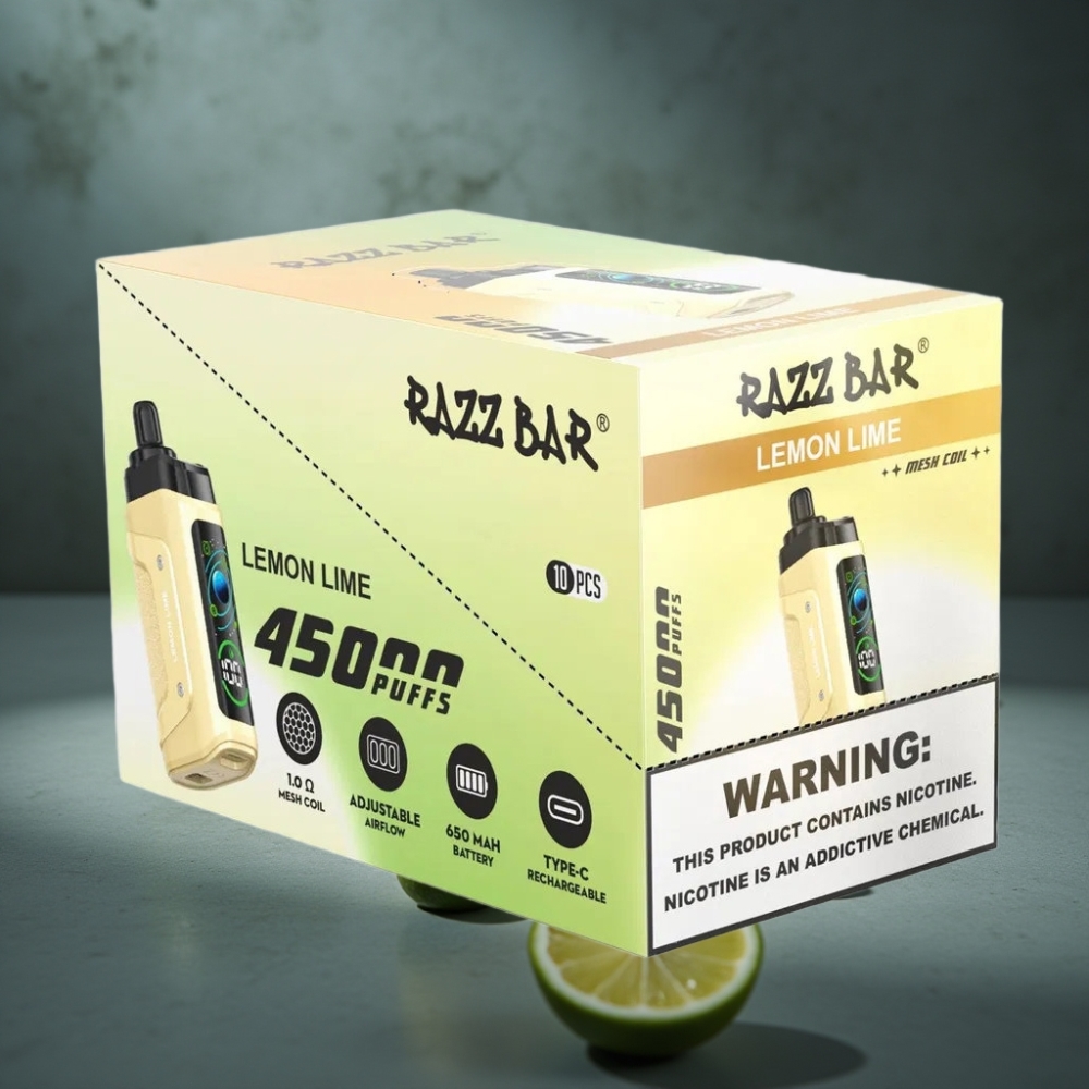 Razz Bar 45000 Puffs Disposable Vape Limão Lima com Bobina Mesh 1.0 Ohm e Bateria 650 Mah