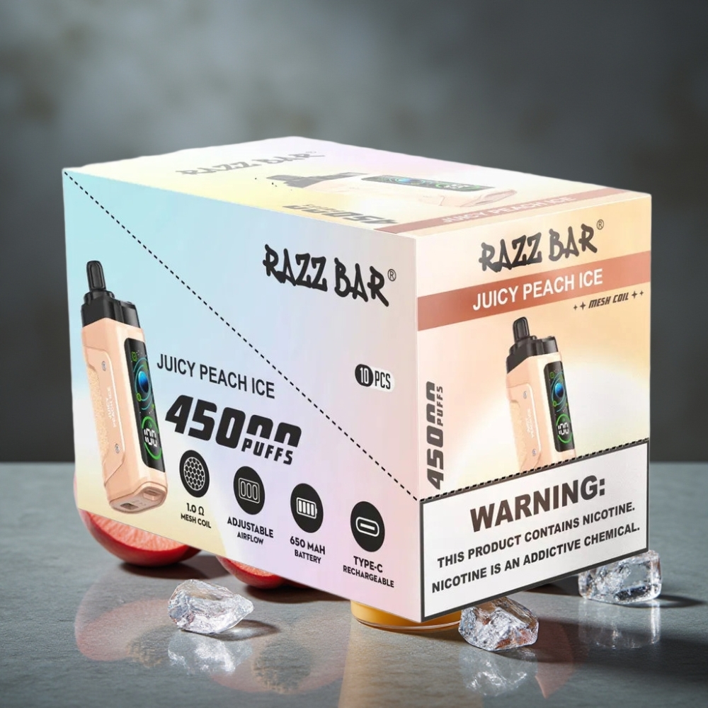 Razz Bar 45000 Puffs Disposable Vape Pêssego Suculento Gelo com Bobina Mesh 1.0 Ohm e Bateria 650mAh