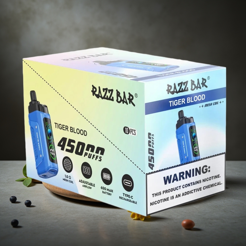 Razz Bar 45000 Puffs Disposable Vape Sangue de Tigre com Bobina Mesh 1.0 Ohm e Bateria 650mAh