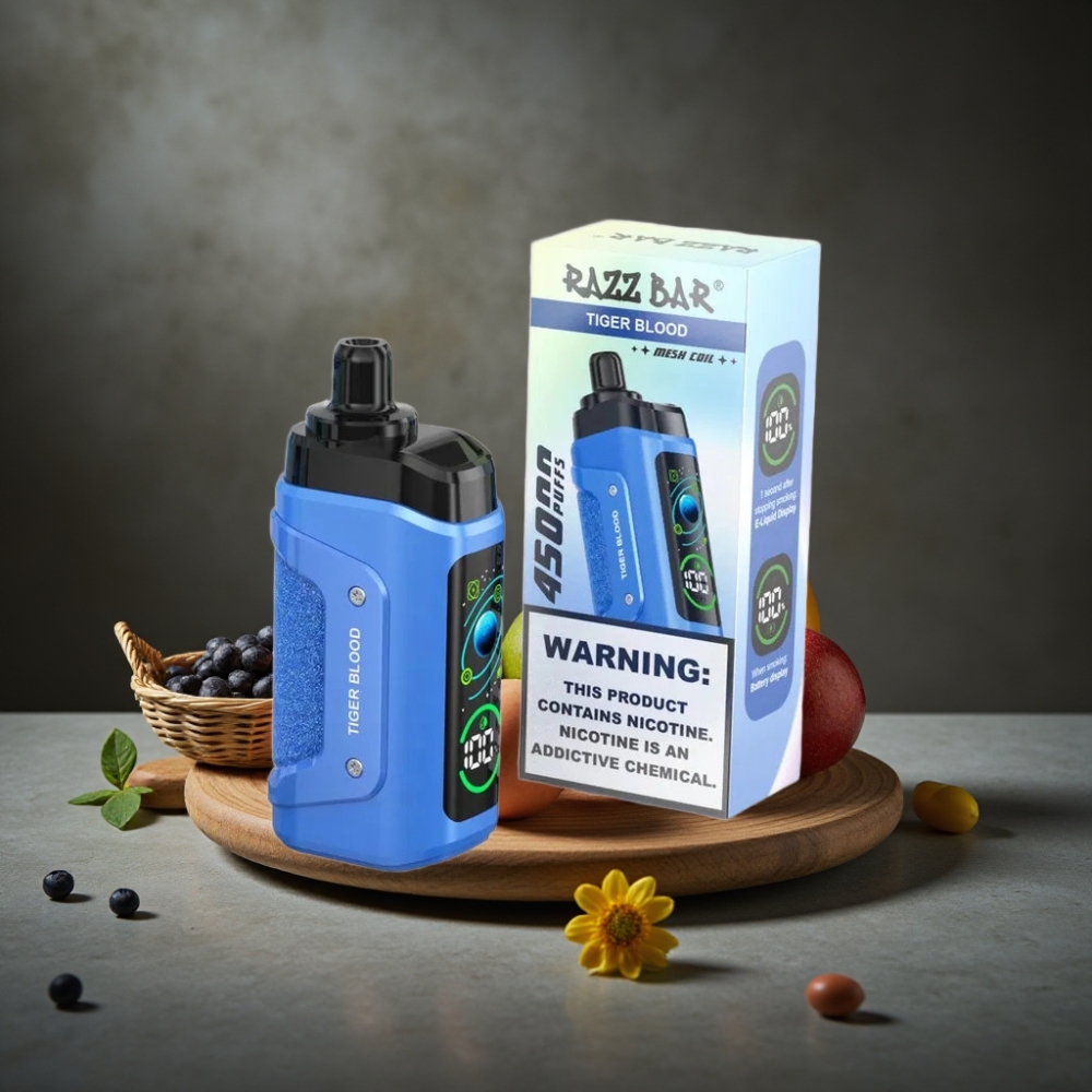 Razz Bar 45000 Puffs Disposable Vape Sangue de Tigre com Bobina Mesh 1.0 Ohm e Bateria 650mAh