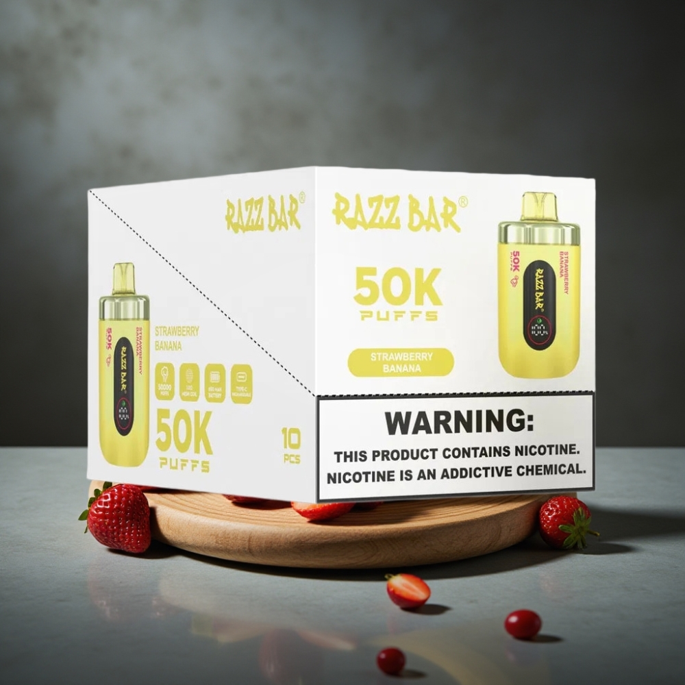 Razz Bar 50K Puffs Disposable Vape Morango Banana 1.0 Ohm Mesh 650mAh Type-C 2% Nic