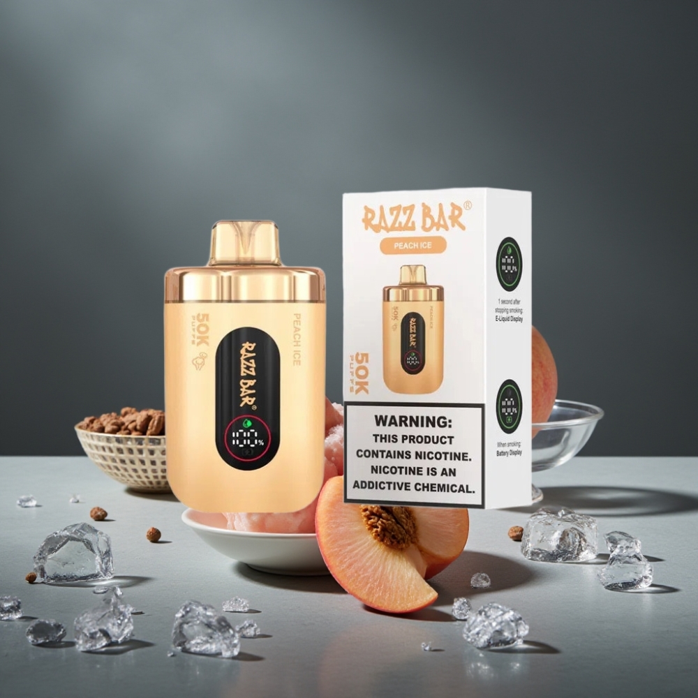 Razz Bar 50K Puffs Disposable Vape Pêssego Gelado, 1.0 Ohm Mesh, 650mAh, Recarregável Type-C, 2% Nic Razz Bar 50K Puffs Disposable Vape Pêssego Gelado, 1.0 Ohm Mesh, 650mAh, Recarregável Type-C, 2% Nic