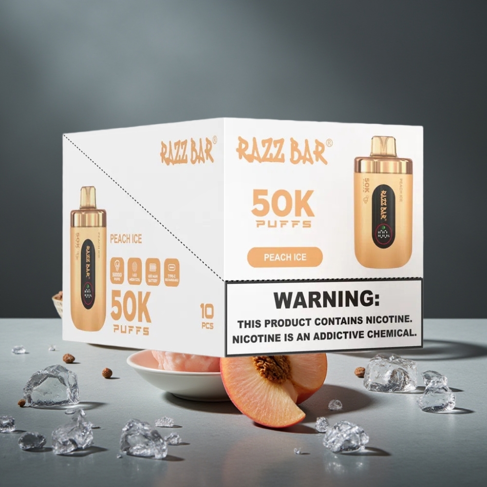 Razz Bar 50K Puffs Disposable Vape Pêssego Gelado, 1.0 Ohm Mesh, 650mAh, Recarregável Type-C, 2% Nic