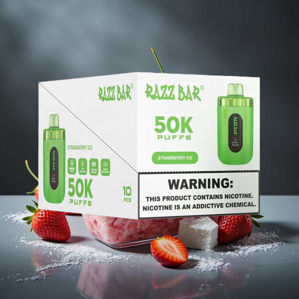 Razz Bar 50K Puffs Recarregável USB-C 650mAh 1.0 Ohm Morango Gelo 2% Nic