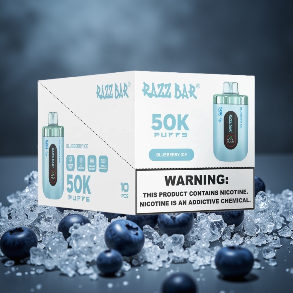 Razz Bar 50K Puffs Recarregável USB-C 650mAh 2% Nicotina Sabor Mirtilo Gelado
