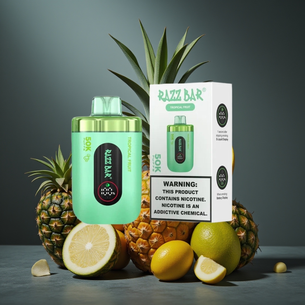 Razz Bar 50K Puffs Recarregável USB-C 650mAh Sabor Frutas Tropicais Razz Bar 50K Puffs Recarregável USB-C 650mAh Sabor Frutas Tropicais