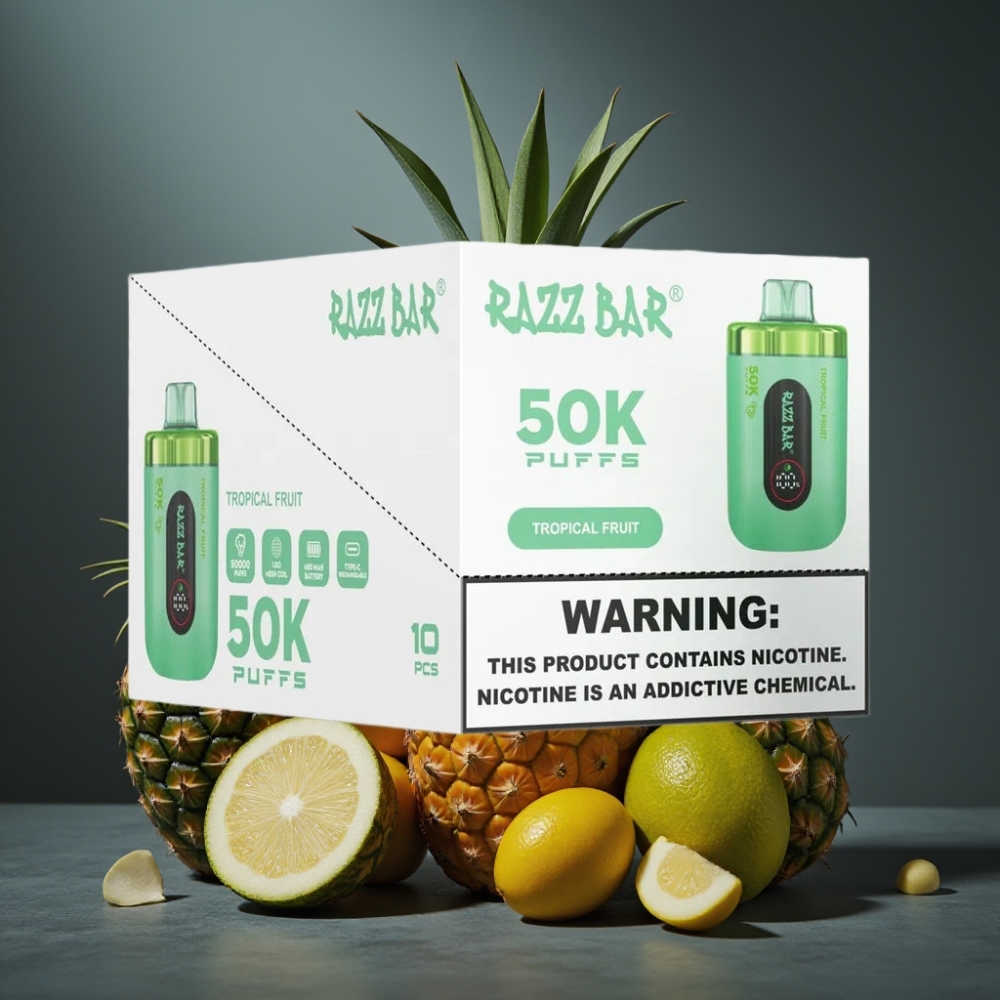 Razz Bar 50K Puffs Recarregável USB-C 650mAh Sabor Frutas Tropicais