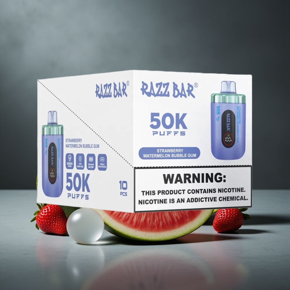 Razz Bar 50K Puffs Recarregável USB-C 650mAh Sabor Morango Melancia Chiclete