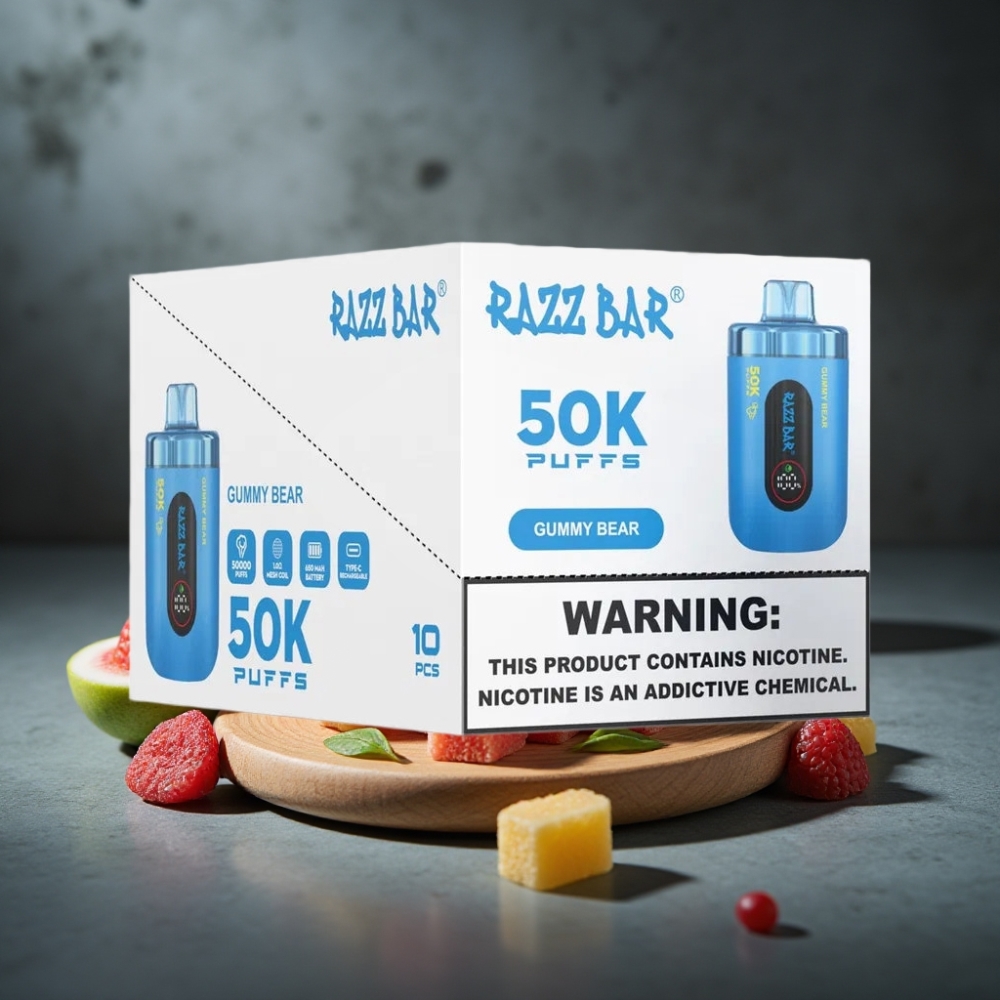 Razz Bar 50K Puffs Recarregável USB-C 650mAh Sabor Ursinho de Goma 2% Nicotina